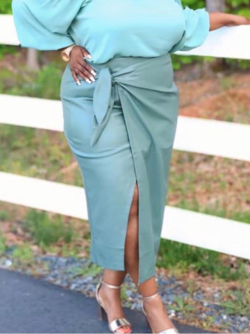 Eloquii Sage Wrap Front Faux Leather Midi Skirt Plus Size